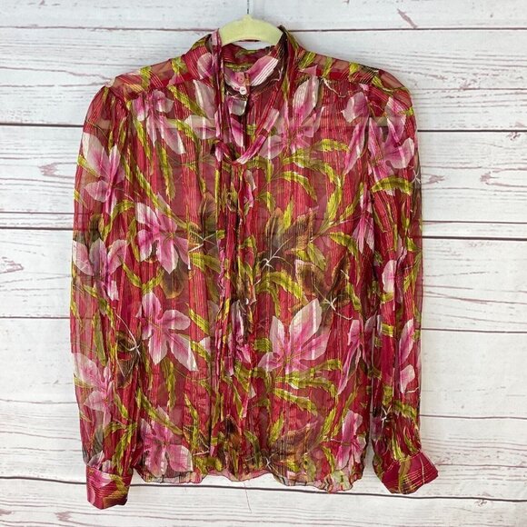 Handmade Sewn Women's Red Foral Print Button Down Long Sleeve Shirt Size M - Picture 1 of 8